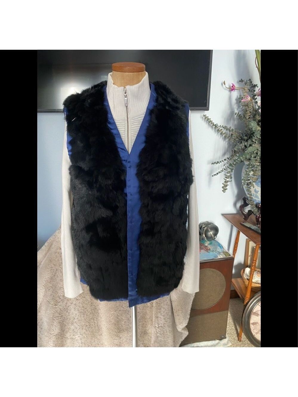 Vintage Black Rabbit Fur Blue Satin Reversible Vest Large